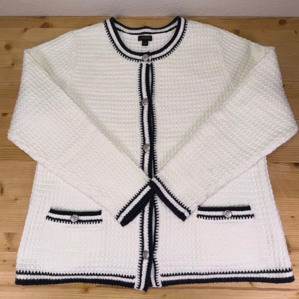 J.Jill Wearever Collection White Navy Trim Knit‎ Cardigan Sweater Size L